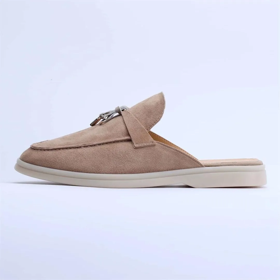 Women’S Suede Leather Round Toe Flat Slip-On Casual Mules with Tassel for Daily Shopping and Walking