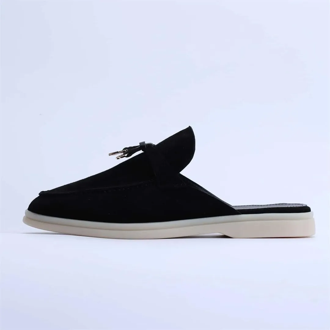 Women’S Suede Leather Round Toe Flat Slip-On Casual Mules with Tassel for Daily Shopping and Walking