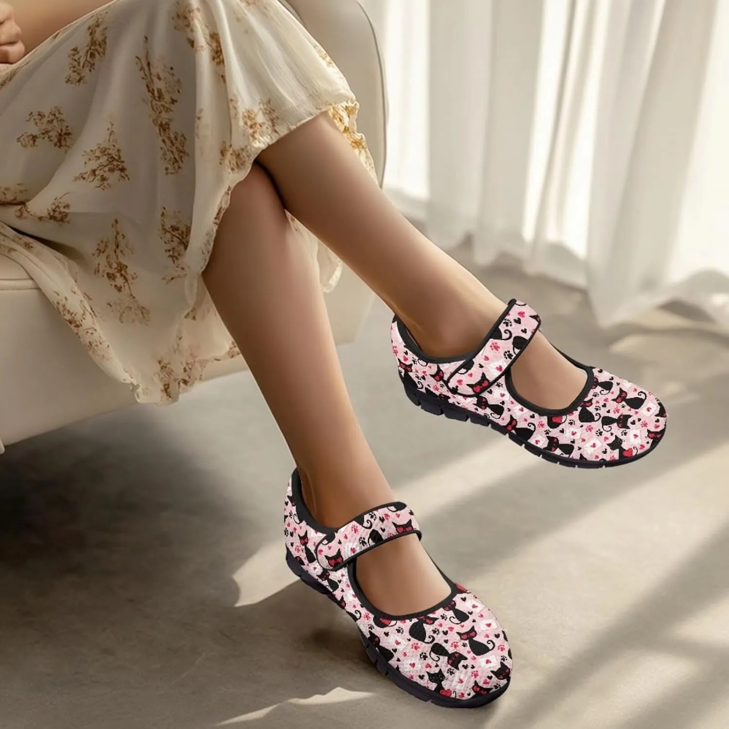 Women's Walking Shoes Lady Fashion Mary Jane Sneakers Breathable Adjustable Working Flat Shoes