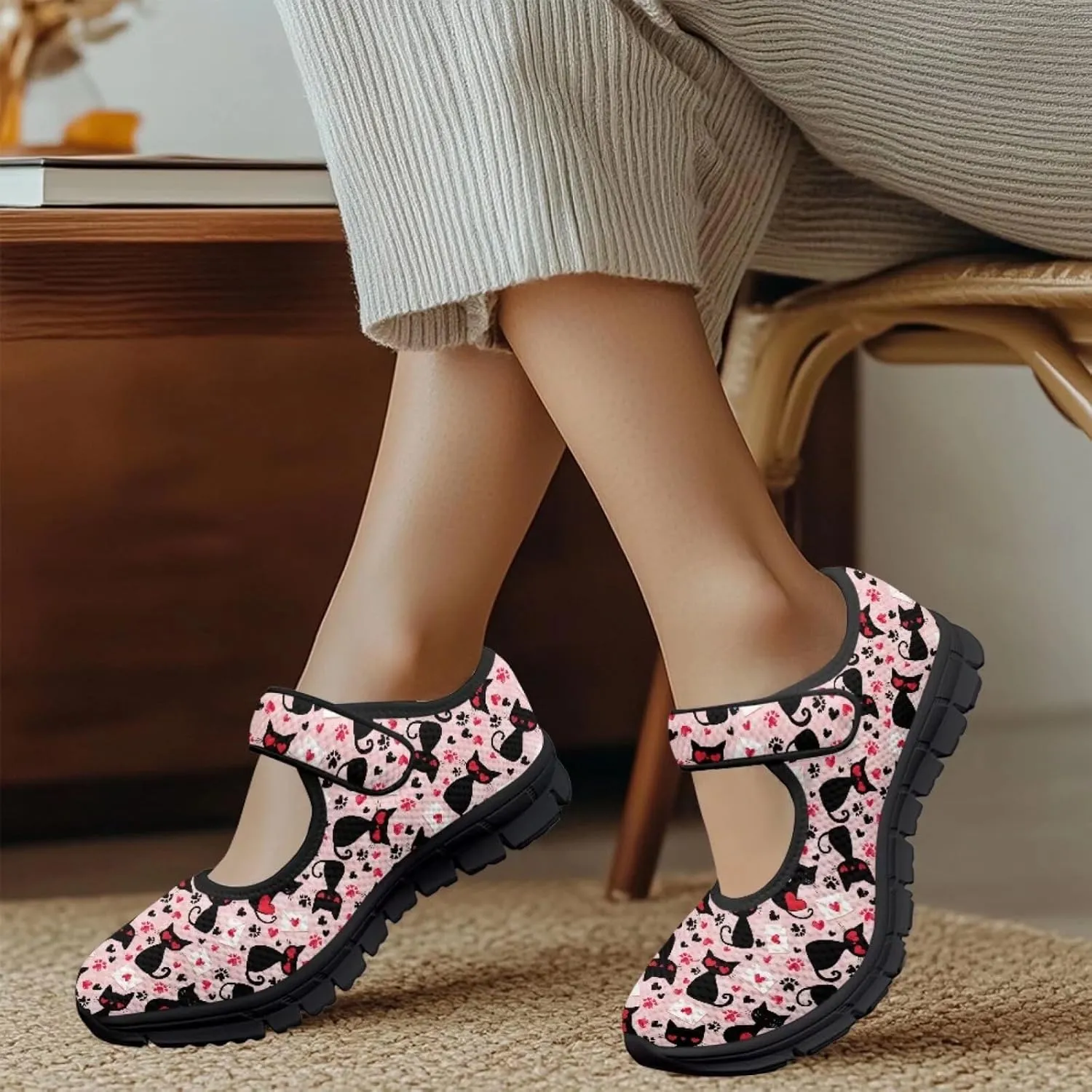 Women's Walking Shoes Lady Fashion Mary Jane Sneakers Breathable Adjustable Working Flat Shoes