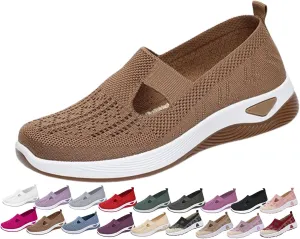 Women's Woven Orthopedic Breathable Soft Shoes Arch Support, Slip-On Lightweight Flat Soft Shoes Diabetic Foam Walking Shoes