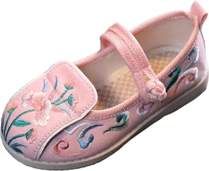WUIWUIYU Toddlers Girls Chinese Traditional Embroidered Shoes Round Toe Ballet Flats Retro Dress Mary Jane Flat