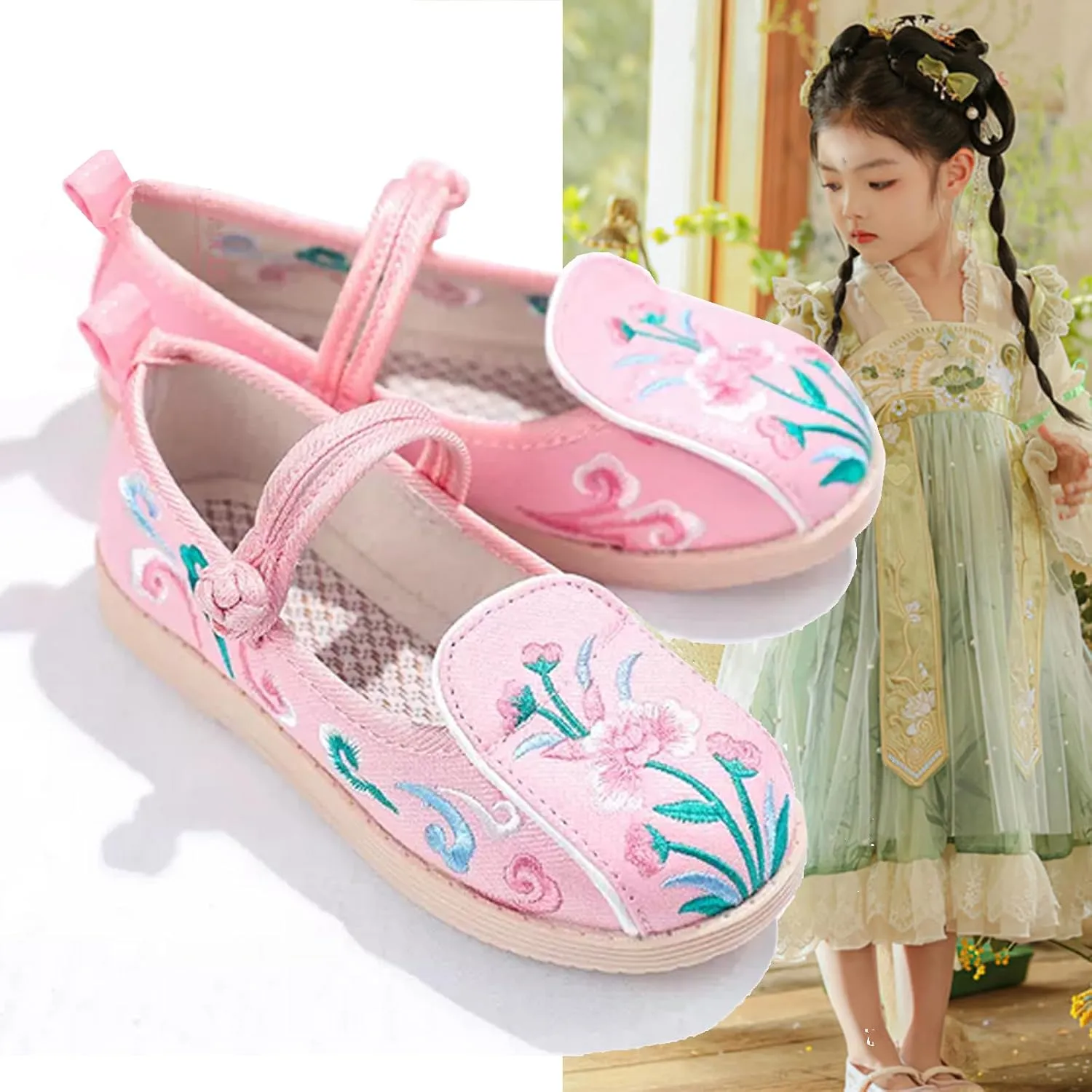WUIWUIYU Toddlers Girls Chinese Traditional Embroidered Shoes Round Toe Ballet Flats Retro Dress Mary Jane Flat