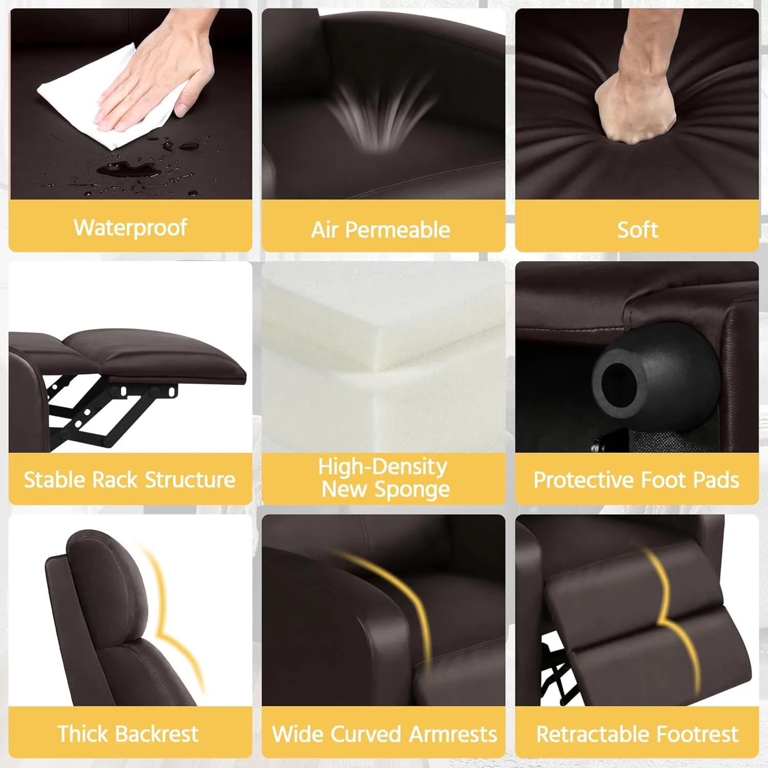 Yaheetech Faux Leather Recliner Sofa - Adjustable Modern Recliner Seat Club Chair for Home Theater Seating - Brown