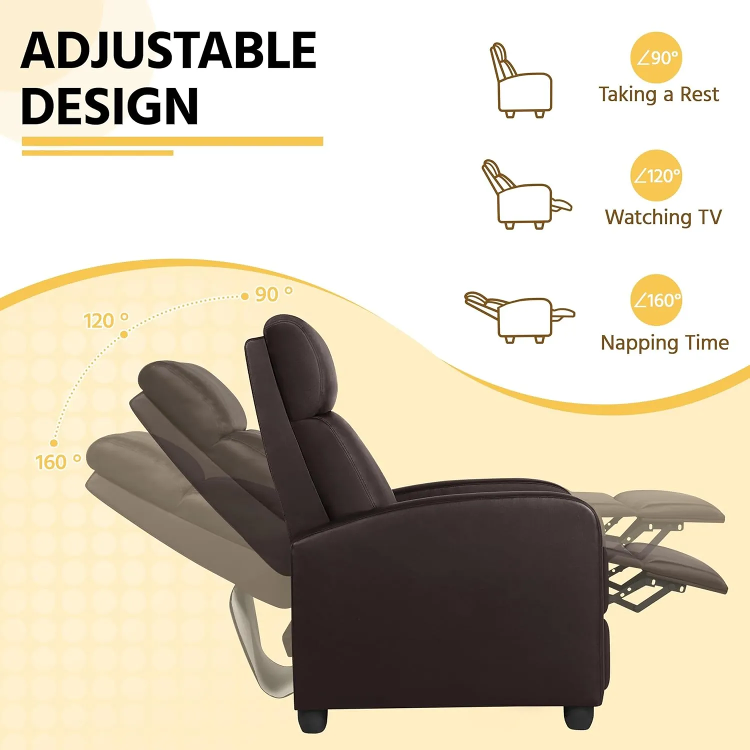Yaheetech Faux Leather Recliner Sofa - Adjustable Modern Recliner Seat Club Chair for Home Theater Seating - Brown