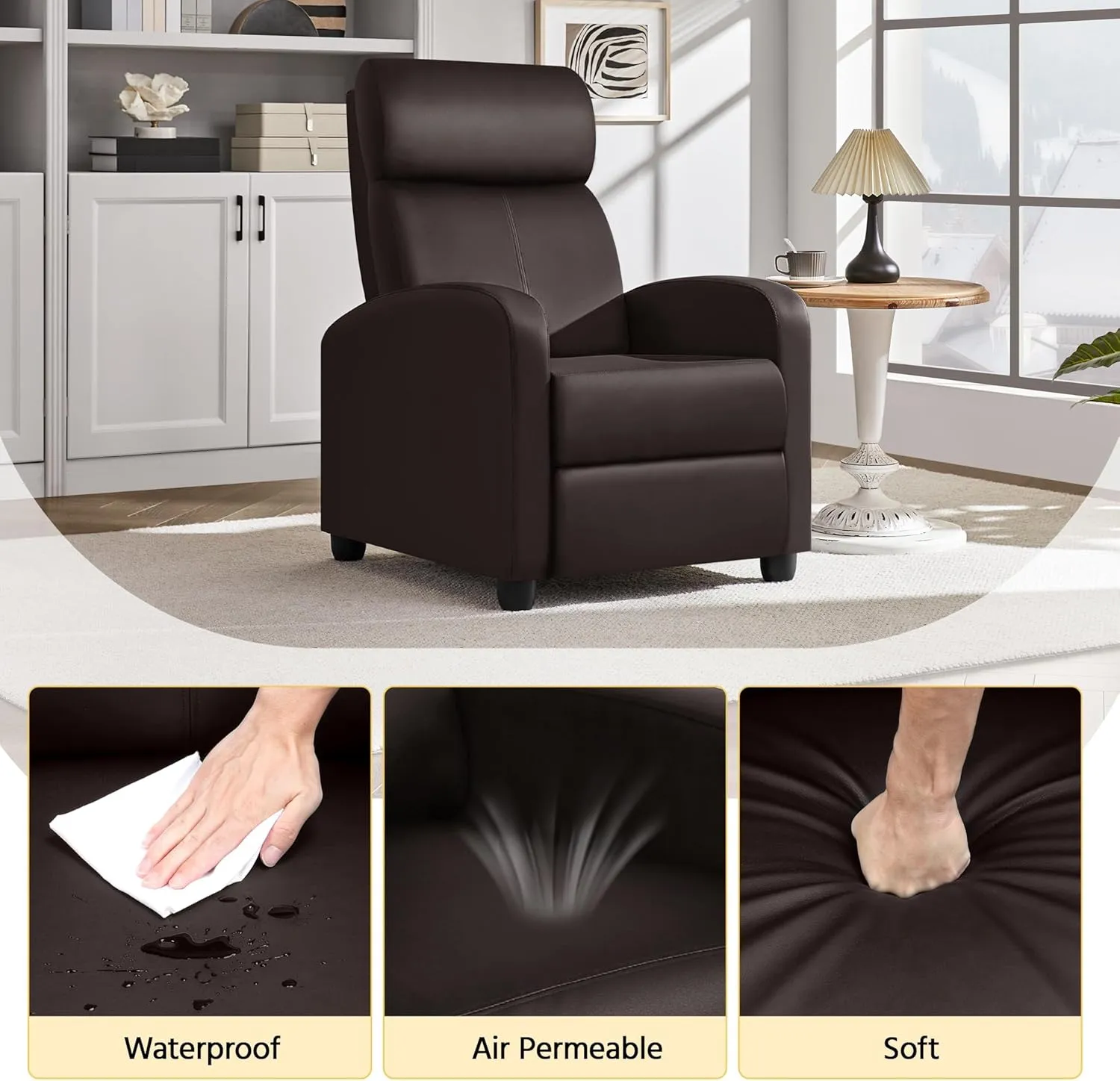Yaheetech Faux Leather Recliner Sofa - Adjustable Modern Recliner Seat Club Chair for Home Theater Seating - Brown