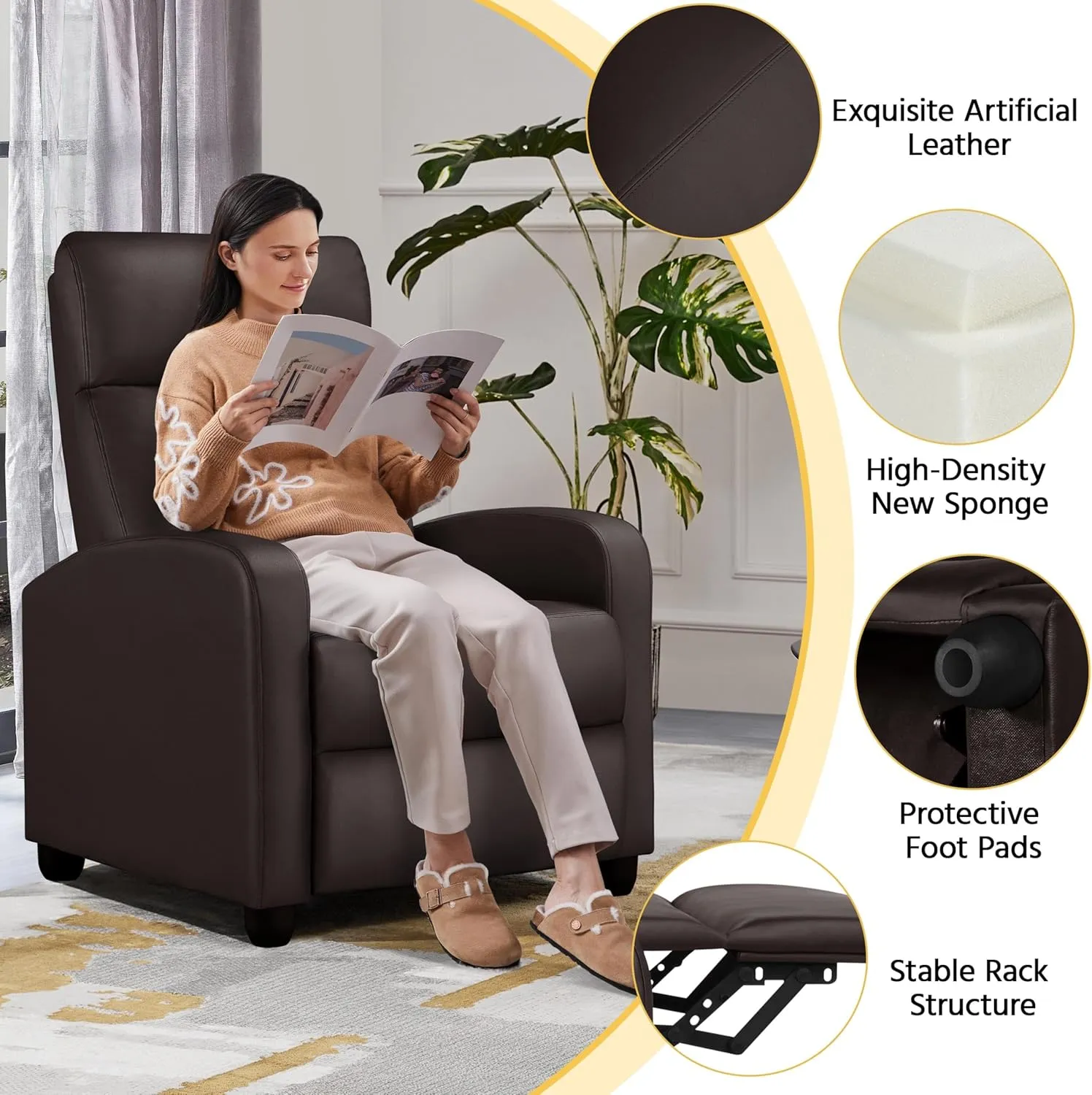 Yaheetech Faux Leather Recliner Sofa - Adjustable Modern Recliner Seat Club Chair for Home Theater Seating - Brown