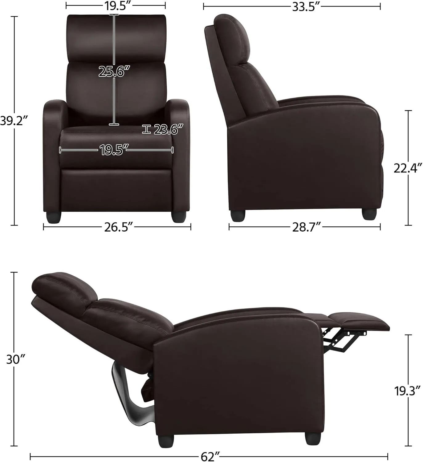 Yaheetech Faux Leather Recliner Sofa - Adjustable Modern Recliner Seat Club Chair for Home Theater Seating - Brown