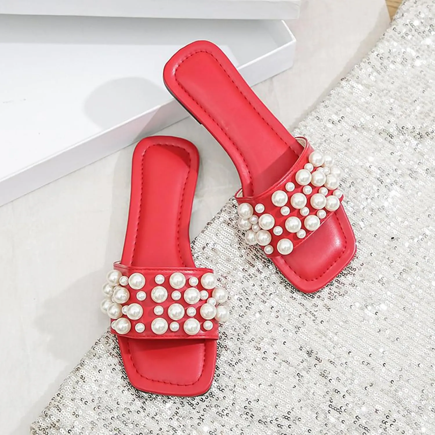 Zeberfi Women's Sparkle Pearl Flat Slide Sandals Fashion Summer Dress Party Slippers Breathable Square Open Toe Bling Beach Sandals