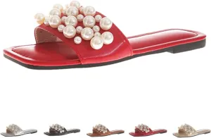 Zeberfi Women's Sparkle Pearl Flat Slide Sandals Fashion Summer Dress Party Slippers Breathable Square Open Toe Bling Beach Sandals