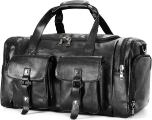 Zeroway Travel Duffel Bag with Shoe Pouch, PU leather Carry on Bag Weekender Overnight Bag for Men Women Black