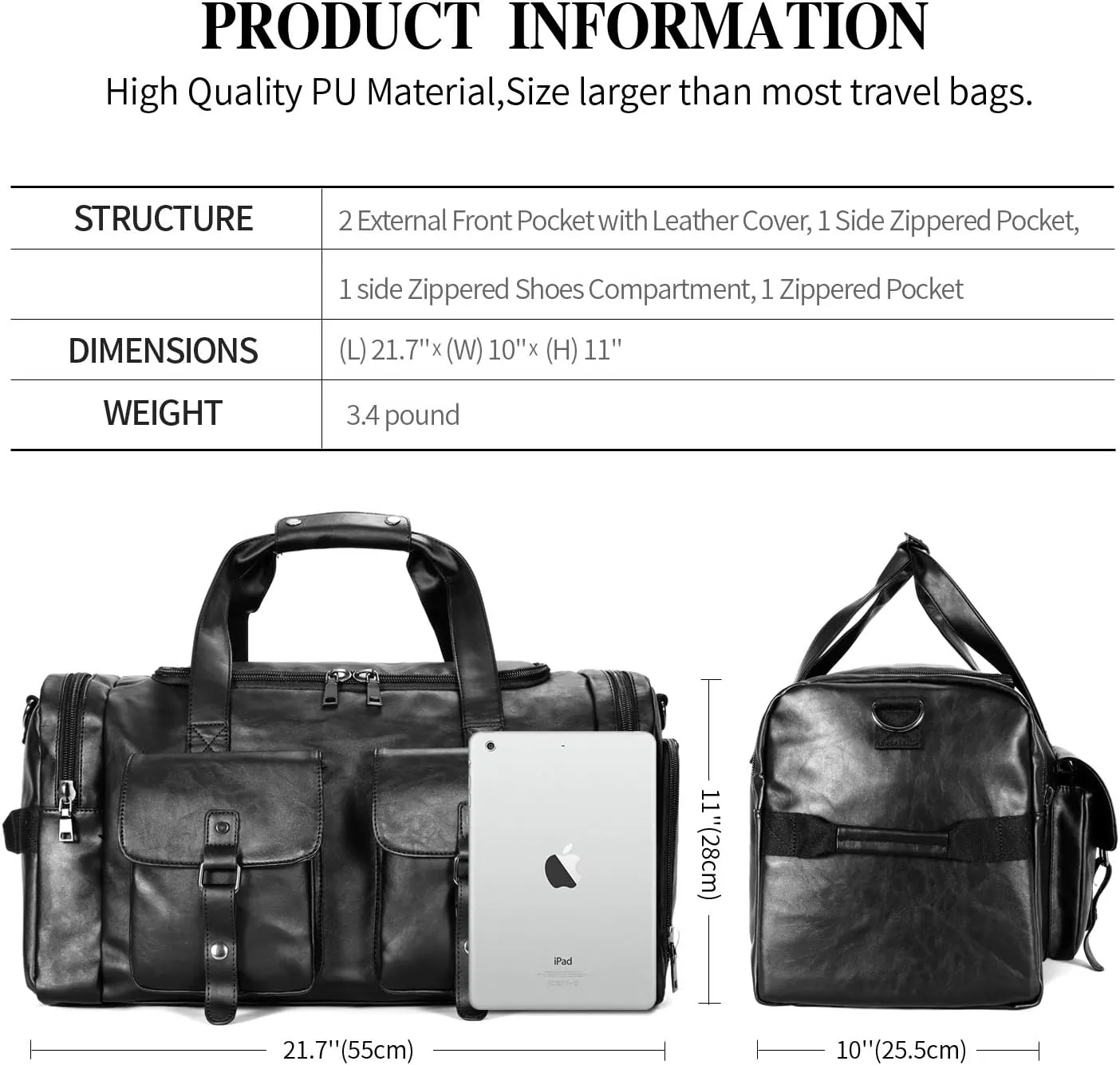 Zeroway Travel Duffel Bag with Shoe Pouch, PU leather Carry on Bag Weekender Overnight Bag for Men Women Black