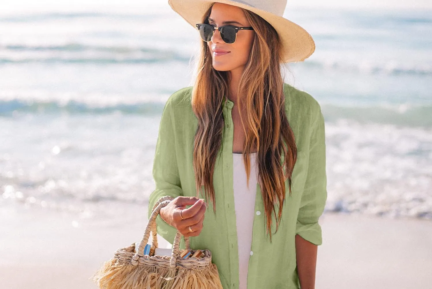 Zoye Chen Women’s Bikini Swimsuit Cover Up Button Down V Neck Shirts Long Sleeve Blouse Beachwear Bathing Suit