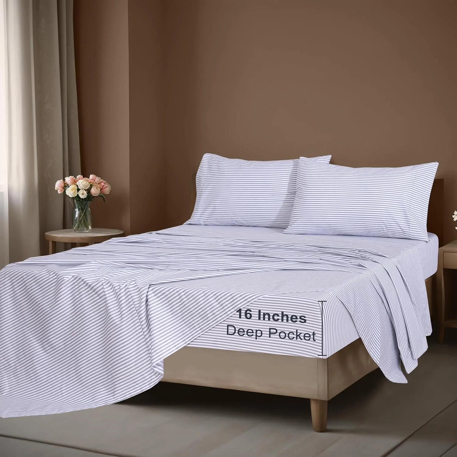 ZOYER 100% Cotton Sheets - Cooling & Crisp Queen Size Percale Sheets, 16" Deep Pockets Bed Set, Lightweight & Breathable, Durable, 4 Pieces, Grey Stripe