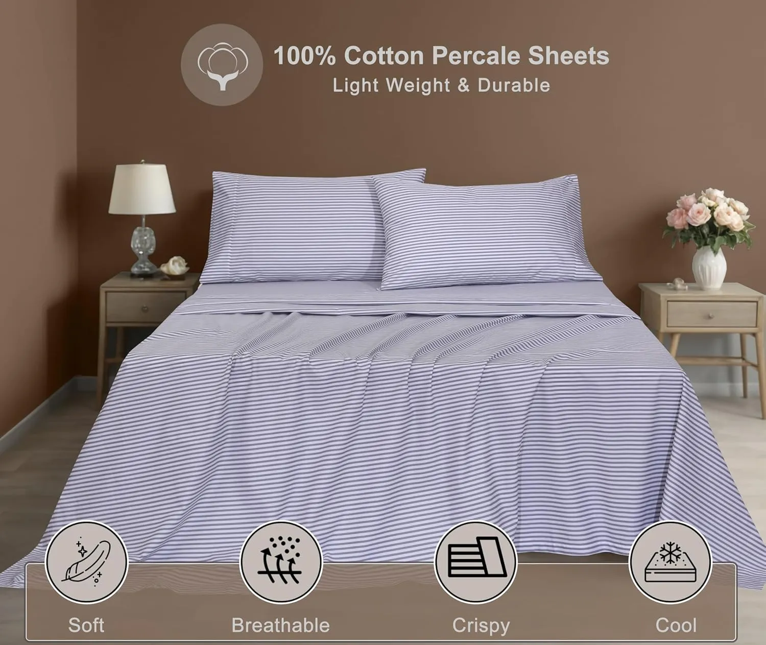 ZOYER 100% Cotton Sheets - Cooling & Crisp Queen Size Percale Sheets, 16" Deep Pockets Bed Set, Lightweight & Breathable, Durable, 4 Pieces, Grey Stripe