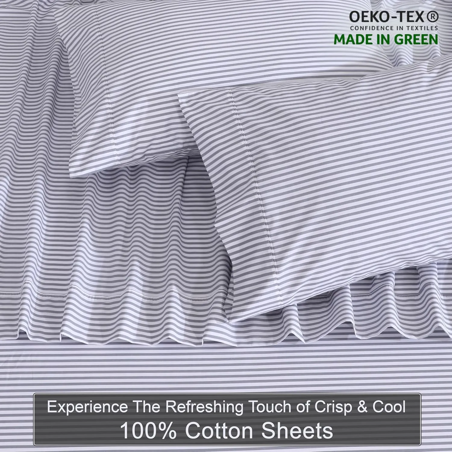 ZOYER 100% Cotton Sheets - Cooling & Crisp Queen Size Percale Sheets, 16" Deep Pockets Bed Set, Lightweight & Breathable, Durable, 4 Pieces, Grey Stripe