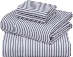 ZOYER 100% Cotton Sheets - Cooling & Crisp Queen Size Percale Sheets, 16" Deep Pockets Bed Set, Lightweight & Breathable, Durable, 4 Pieces, Grey Stripe