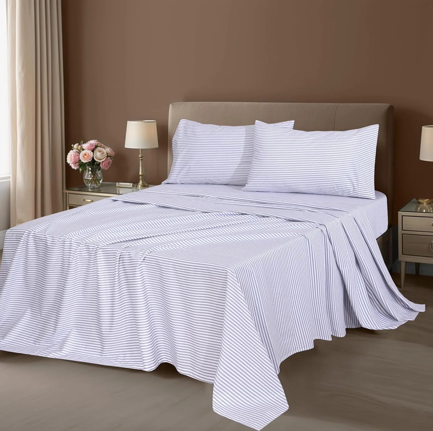 ZOYER 100% Cotton Sheets - Cooling & Crisp Queen Size Percale Sheets, 16" Deep Pockets Bed Set, Lightweight & Breathable, Durable, 4 Pieces, Grey Stripe