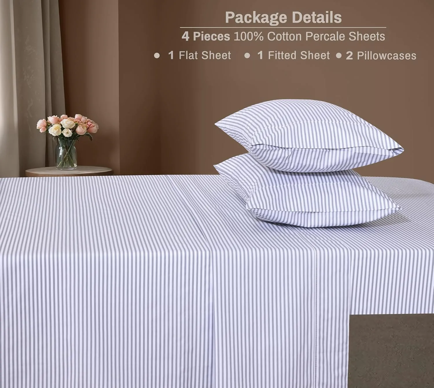 ZOYER 100% Cotton Sheets - Cooling & Crisp Queen Size Percale Sheets, 16" Deep Pockets Bed Set, Lightweight & Breathable, Durable, 4 Pieces, Grey Stripe
